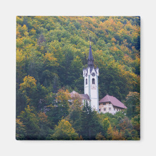 Kyrka i en nedgångskog i Slovenien Magnet