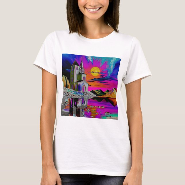 Kyrka i psykedeliskt landskap 5 t shirt (Framsida)