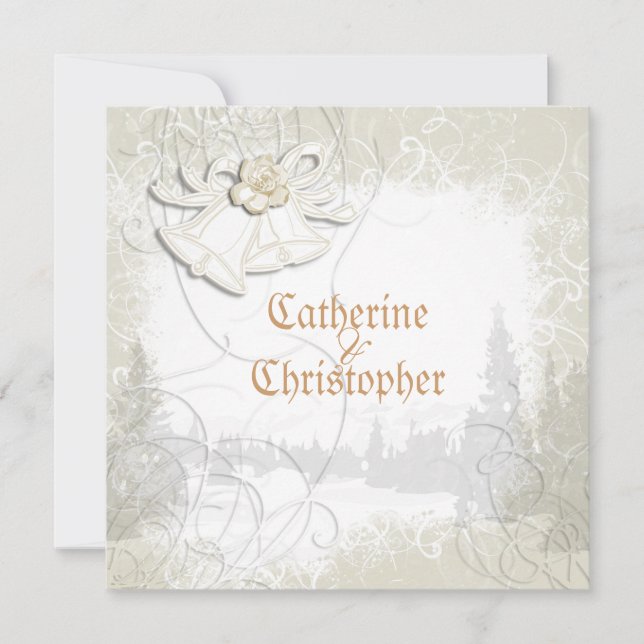 Kyrka klockor i blommigt bröllop vit inbjudningar (Framsida)