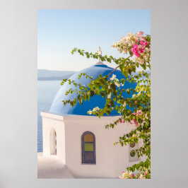 Kyrka och blommor i Santorini Poster