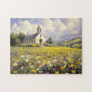 Kyrka omgiven av Wildblommor Painting Pussel
