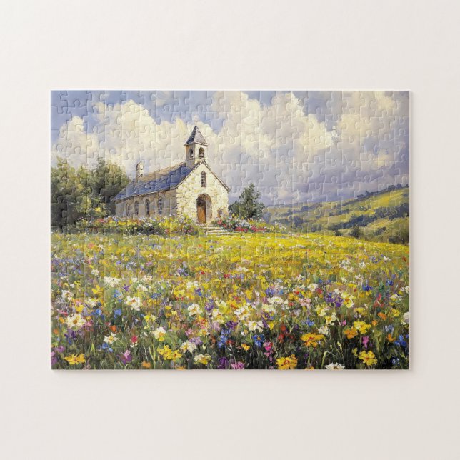 Kyrka omgiven av Wildblommor Painting Pussel (Horisontell)