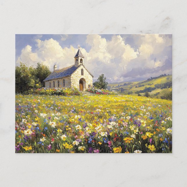 Kyrka omgiven av Wildblommor Painting Vykort (Framsida)