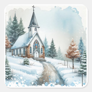 Kyrka på en vinterdag Vattensfärgad jul Fyrkantigt Klistermärke