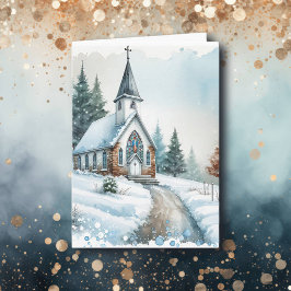 Kyrka på en vinterdag | Vattensfärgad jul Kort