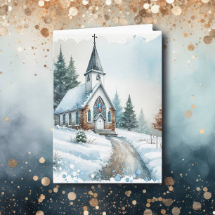 Kyrka på en vinterdag Vattensfärgad jul Kort