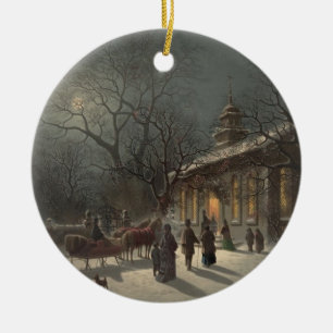 Kyrka på julafton julgransprydnad keramik