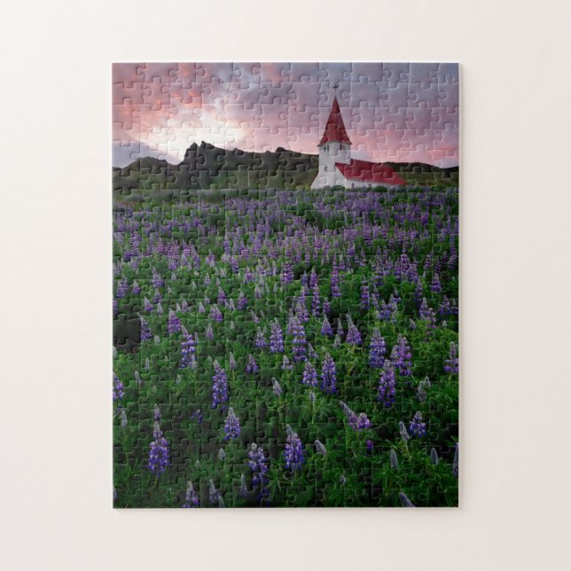 Kyrkan i Fält i Lupine Wildblommor i Islandet Pussel (Vertikal)