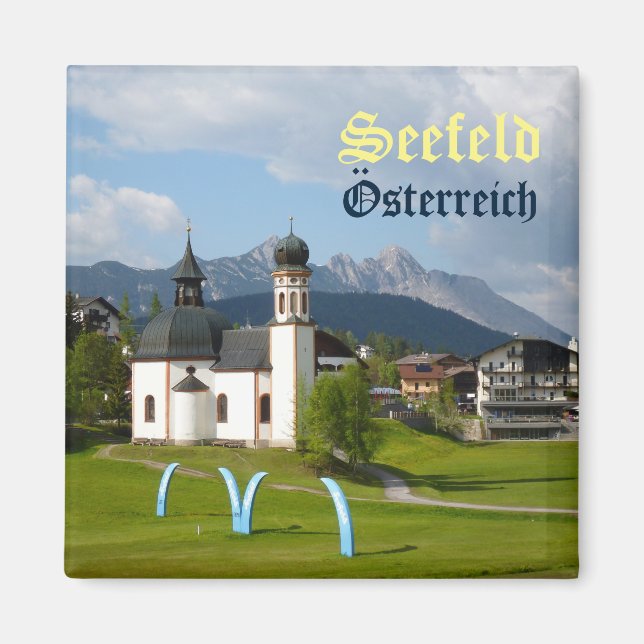Kyrkan i Seefeld, österrikisk textmagnet Magnet (Framsidan)