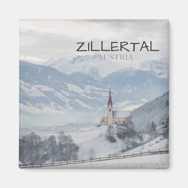 Kyrkan i Zillertal i vintertextmagnet Magnet (Framsidan)