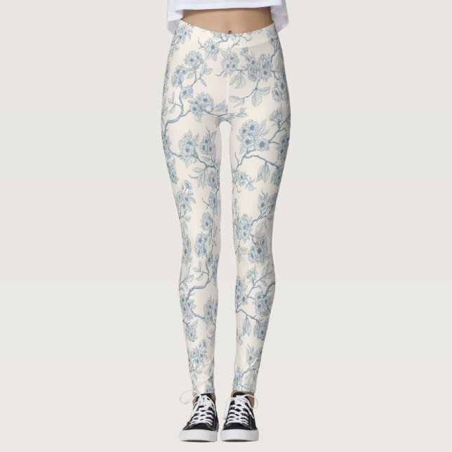 Kyrkblommiga grenar i blått och off-white leggings (Framsida)