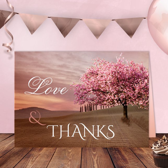 Kyrkbröllop Foto Tack Kort (Wedding Thank You card featuring a painting of a landscape scene with a blossoming cherry tree)