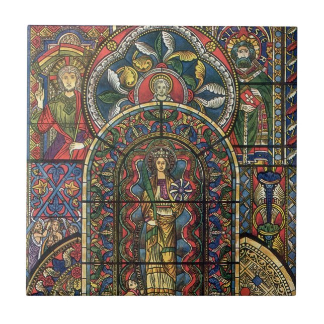 Kyrkfönster med glasmålning, gammal arkitektur kakelplatta (Framsidan)