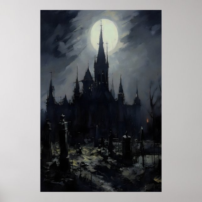 Kyrkogårds slott gotisk väggkonst, Mörk stämning G Poster (Framsidan)