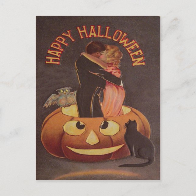Kysande par Ugglor Jack O Lantern Svart katt Vykort (Framsida)