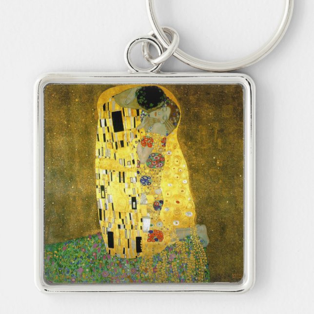 Kyss~en Gustav Klimt Fyrkantig Silverfärgad Nyckelring (Framsidan)