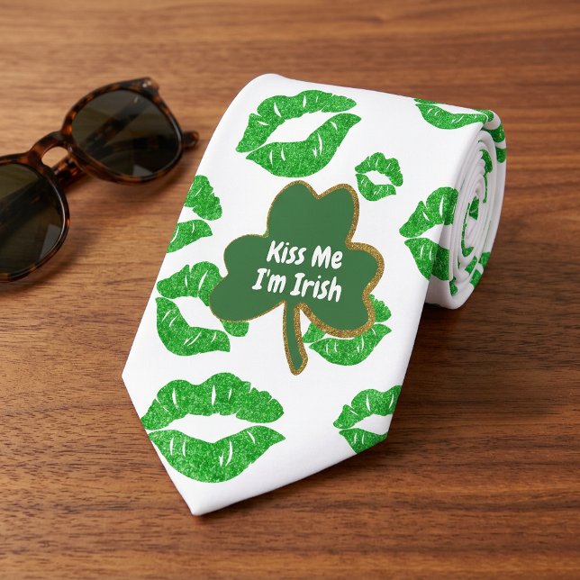 Kyss mig, jag är irländsk Shamrock St. Patricks da Slips (St Patricks Day Kiss me I'm Irish White Green & Gold Clover Lips Tie)