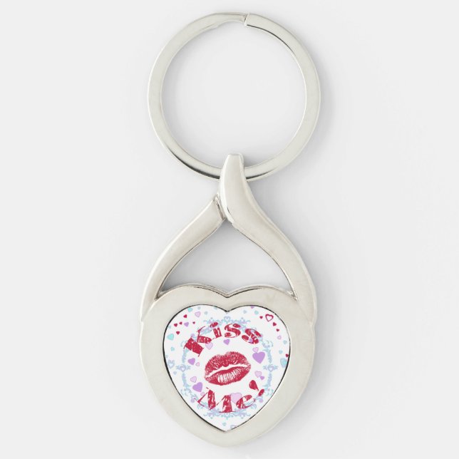 Kyss mig! Röd Läppar med öron Twisted Heart Silverfärgad Nyckelring (Framsidan)