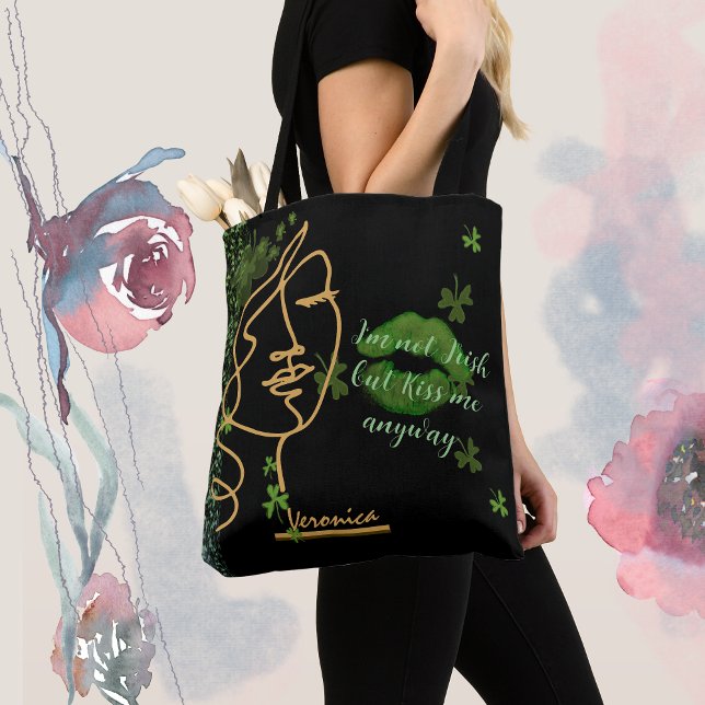Kyss mig Shamrock svart  Tygkasse (Kiss me Shamrock black Tote Bag , cute St Patrick's Day gift for her )