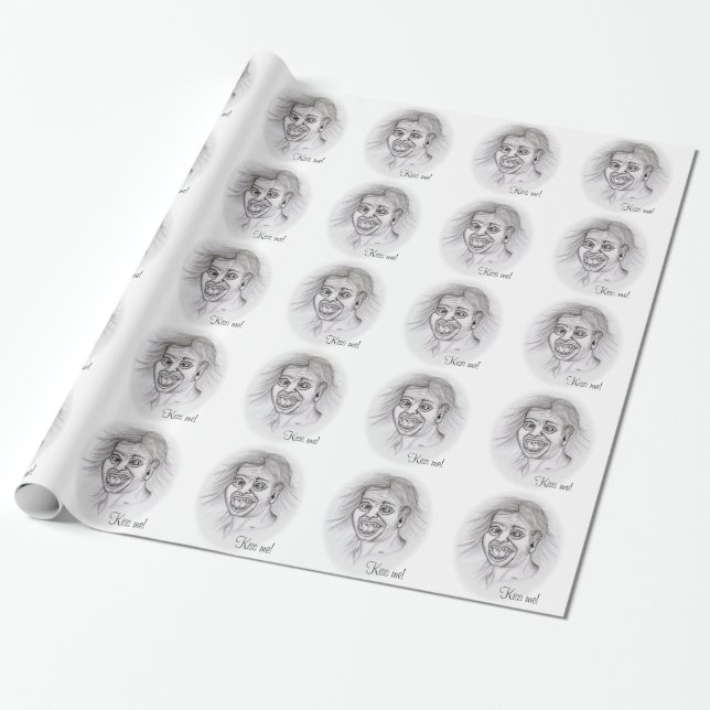 Kyss mig! Svart och vit ritning av Penna teckning Presentpapper (Utrullad)
