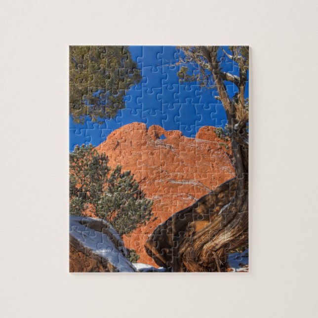 Kyssande kamel som inramas av träd 01 pussel (Vertikal)