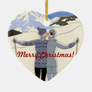Kyssande mountan skiers kopplar ihop - god jul! julgransprydnad keramik