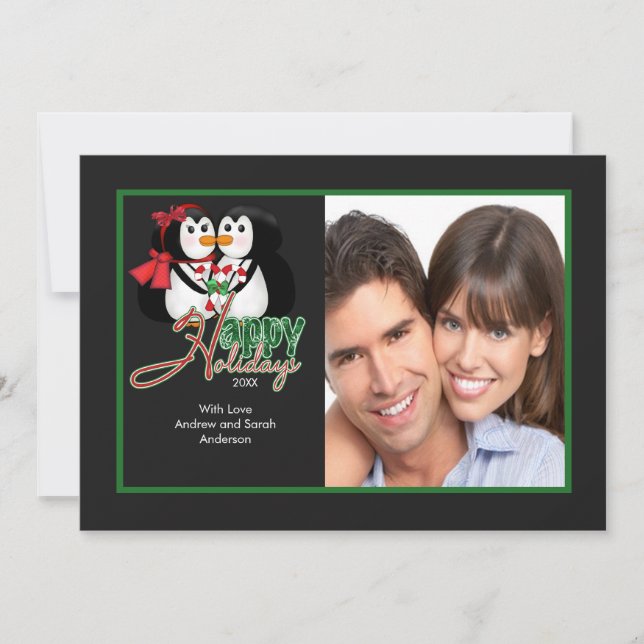 Kyssande pingvinglad helg sänker fotokortet inbjudningar (Framsida)