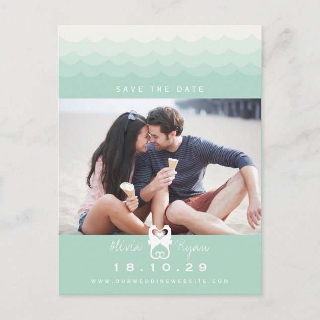 Kyssande sjöhästar kärlek hjärtan strand spara dat meddelande vykort (Framsida)