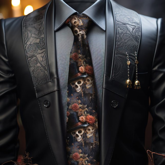 Kyssande skelett, rosafärgade rosor gotiskt bröllo slips (Unusual wedding ideas, romantic gothic wedding groomsmen tie, with steampunk vibes.)