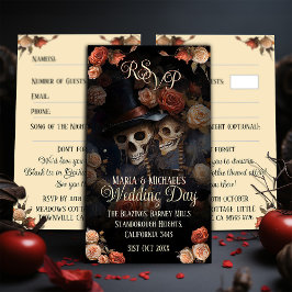 Kyssande skelett RSVP gotiskt bröllop Tilläggskort