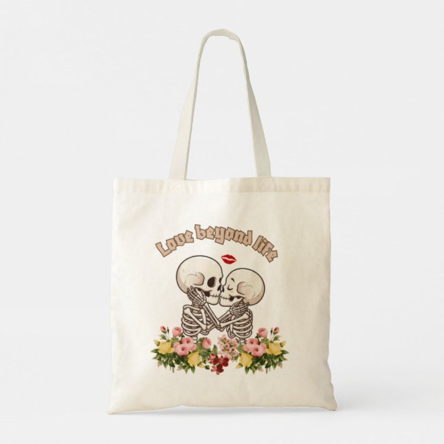 Kyssande skelettpar med blomgotik tygkasse (Baksida)
