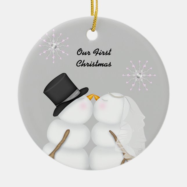 Kyssande snögubbear att gifta sig vår första jul julgransprydnad keramik (Framsidan)