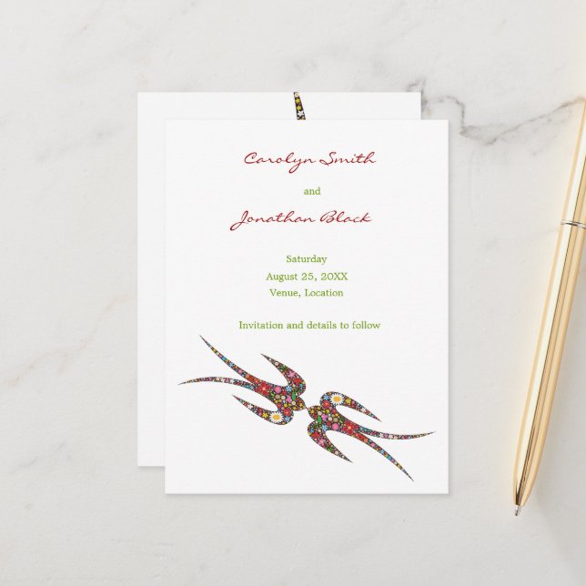 Kyssande svalor vårblommor snyggt spara datumet meddelande vykort (Fram/Back In Situ)