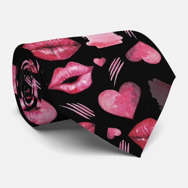Kyssar Och Hjärtan Mönster Vattenfärg Slips (Rullad)