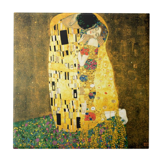 Kyssen vid den Gustav Klimt art nouveau Kakelplatta (Framsidan)