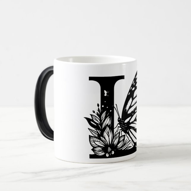 L Alphabet black butterfly Magisk Mugg (Framsida vänster)