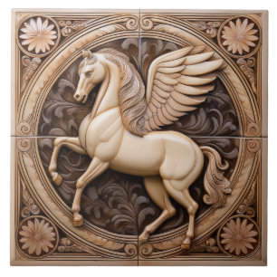 L Beige falskt relief Art Nouveau Bevingad Häst Kakelplatta