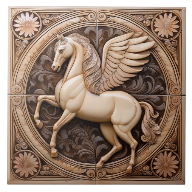 L Beige faux relief Art Nouveau Winged Horse Kakelplatta (Framsidan)