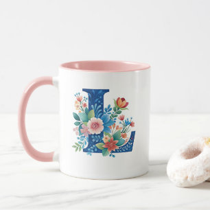 L blå monogram med blommor mugg