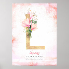 L Bokstavsmonogram Guldblad Rosa Magnolia Blommig Poster
