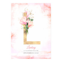 L Bokstavsmonogram Guldblad Rosa Magnolia Blommig