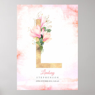 L Bokstavsmonogram Guldblad Rosa Magnolia Blommig Poster