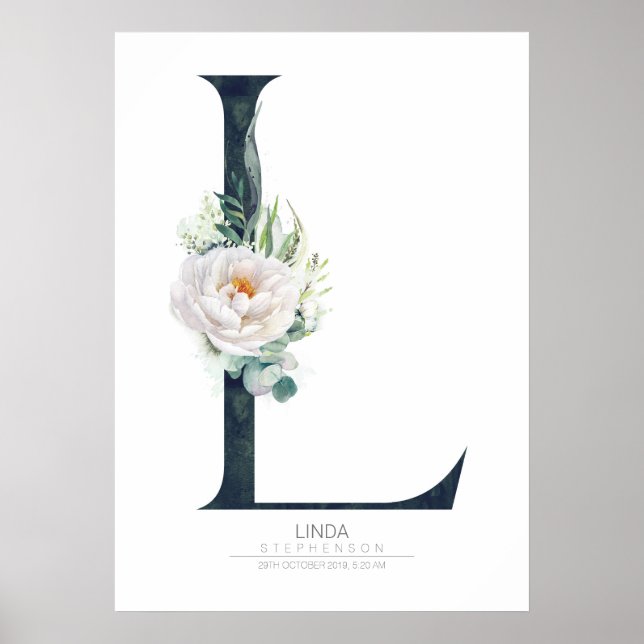 L Bokstavsmonogram Vita Blommor och Grönt Poster (Framsidan)