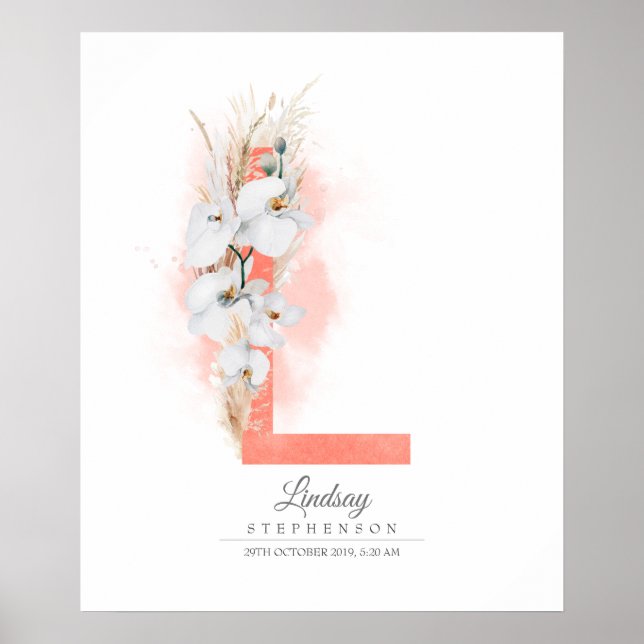 L Bokstavsmonogram Vita Orchidéer och Pampasgräs Poster (Framsidan)