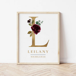 L Brev Monogram Namn Marsala Blommigt Nursery Poster