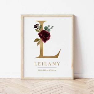 L Brev Monogram Namn Marsala Blommigt Nursery Poster