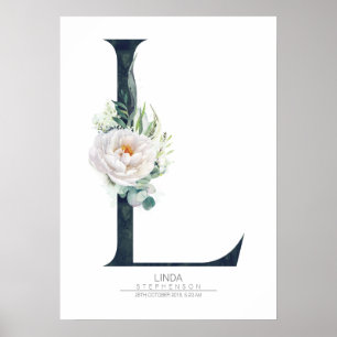 L Brev Monogram White Flowers och Greenery Poster
