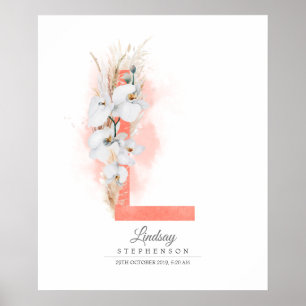 L Brev Monogram White Orchids och Pampas Grass Poster