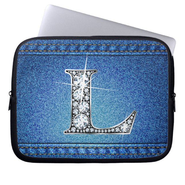 L Faux ’Diamond’ Denim Stitching Electronics Bag Laptop Fodral (Framsidan)