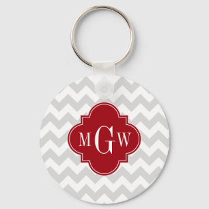 L Grått Wht Chevron Cranberry Quatrefoil 3 Monogra Nyckelring